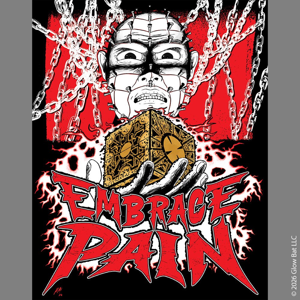 An illustration by Glow Bat Horror Designs of Pinhead from the Hellraiser horror movie franchise holding the lament configuration above the words "embrace pain"
