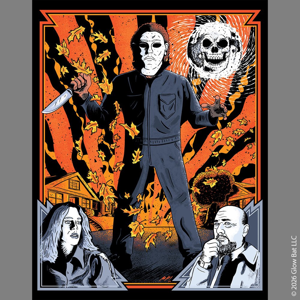 An original illustration from Glow Bat Horror Designs and shows Michael Myers, Laurie Strode (Jamie Lee Curtis) and Dr. Loomis (Donald Pleasance) from the 1978 horror film Halloween on a autumn street with a skull moon and fall leaves