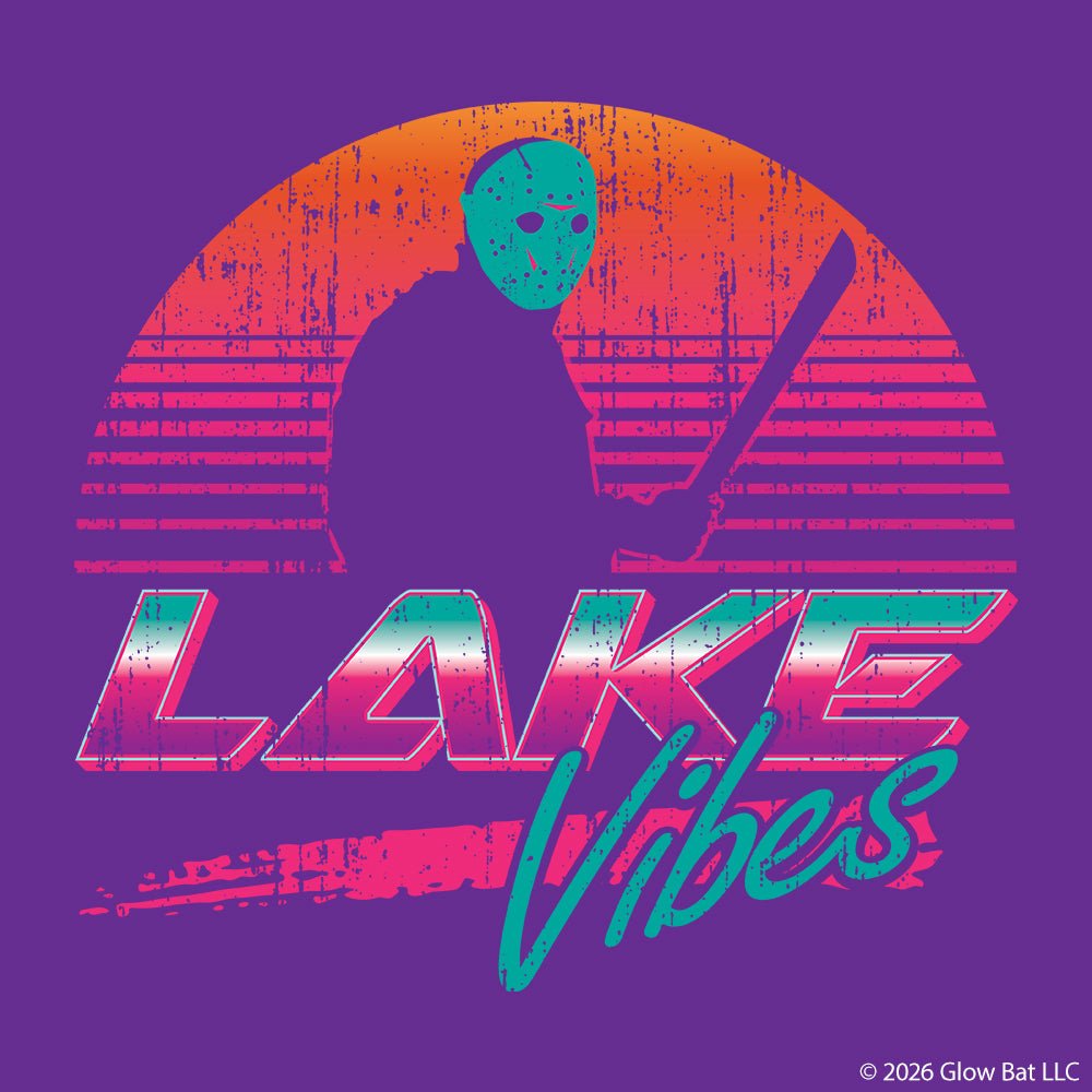 An orange sunset and Jason Vorhees in front of it in silhouette and the words "Lake Vibes" underneath in a retro 80s style on a purple background by Glow Bat Alternative Fashion