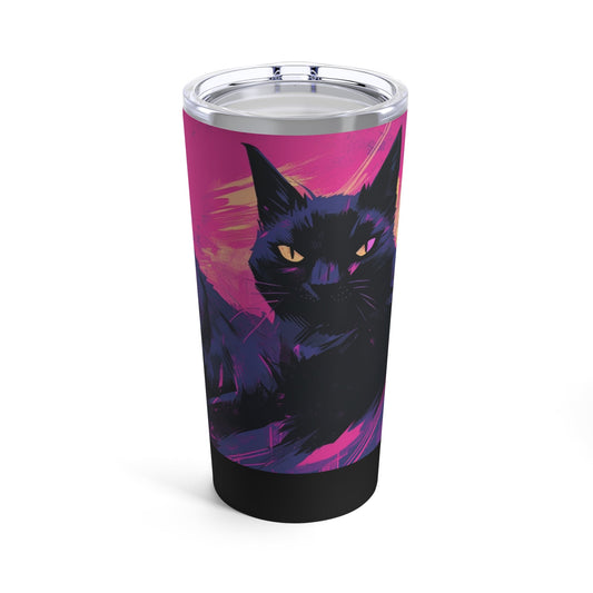 A metal tumbler with an image of three black cats on a pink background painted in a watercolor style.