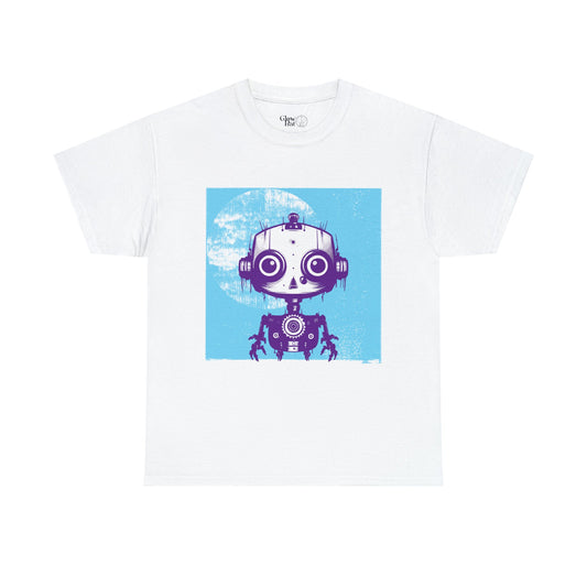 The front of a white alternative fashion t-shirt with a print of a small purple robot on a blue background.