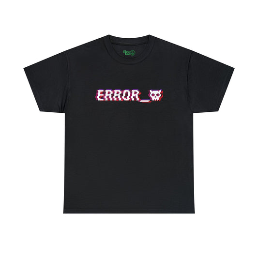 The front of a black alternative fashion inspired shirt with a red and purple image of the word error along with a white pixelated devil skull next to it.
