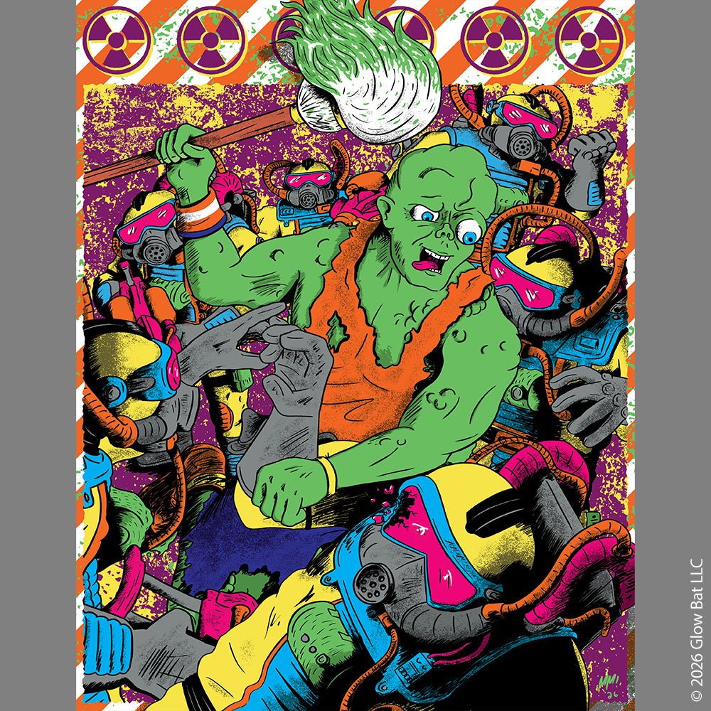 A colorful original illustration by Glow Bat Horror Designs of Toxie from the Toxic Avenger horror films and the 90s Toxic Crusaders cartoon fighting a horde of Radiation Rangers. Toxie is green with an orange shirt and is holding a mop covered in green slime. 
