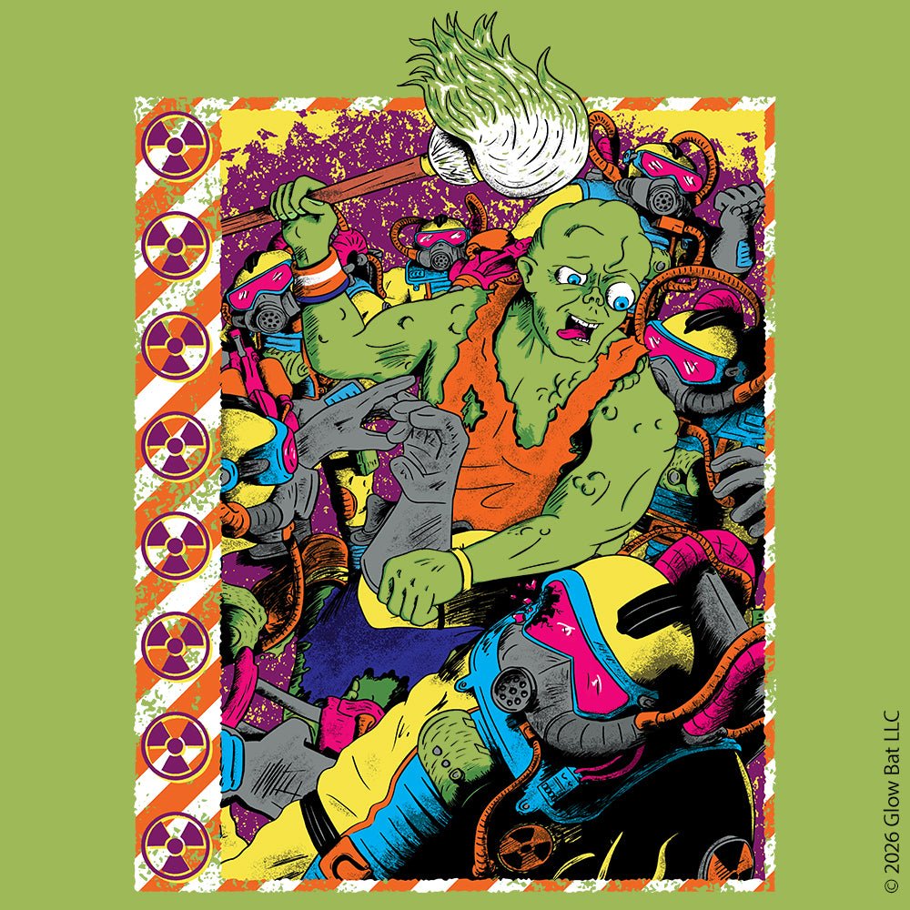 A colorful original illustration on a bright green background by Glow Bat Alternative Fashion of Toxie from the Toxic Avenger horror films and the 90s Toxic Crusaders cartoon fighting a horde of Radiation Rangers. Toxie is green with an orange shirt and is holding a mop covered in green slime. 