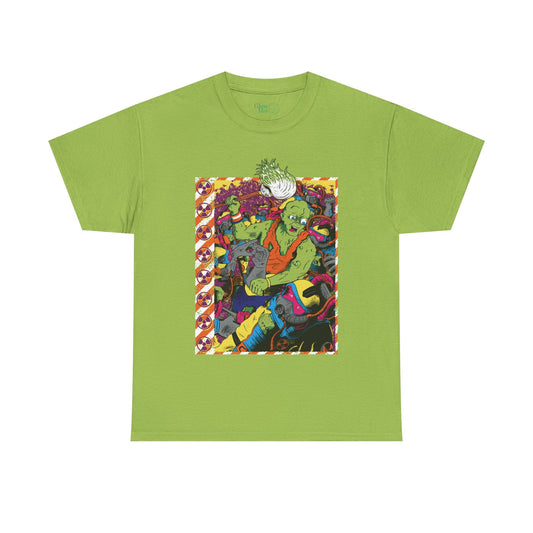 A colorful original illustration on a bright green shirt by Glow Bat Alternative Fashion of Toxie from the Toxic Avenger horror films and the 90s Toxic Crusaders cartoon fighting a horde of Radiation Rangers. Toxie is green with an orange shirt and is holding a mop covered in green slime.