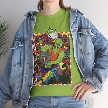 A woman in a denim jacket with her hand on her hip wearing a colorful original illustration on a bright green shirt by Glow Bat Alternative Fashion of Toxie from the Toxic Avenger horror films and the 90s Toxic Crusaders cartoon fighting a horde of Radiation Rangers. Toxie is green with an orange shirt and is holding a mop covered in green slime. 