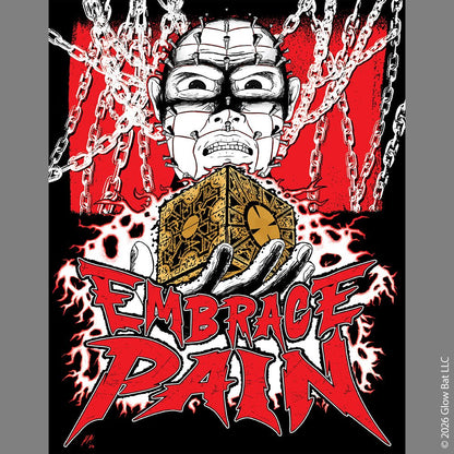 An illustration by Glow Bat Horror Designs of Pinhead from the Hellraiser horror movie franchise holding the lament configuration above the words "embrace pain"