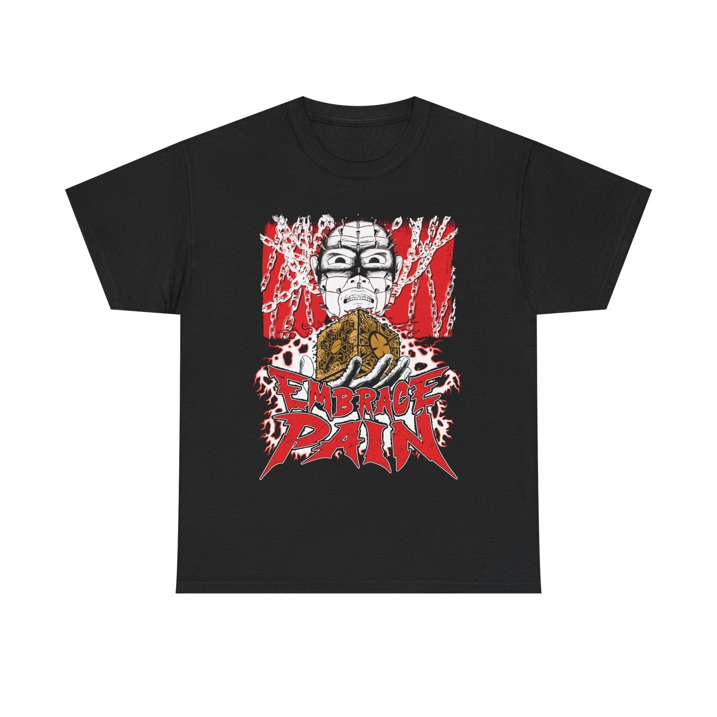 A black t-shirt with an illustration by Glow Bat Alternative Fashion of Pinhead from the Hellraiser horror movie franchise holding the lament configuration above the words "embrace pain"