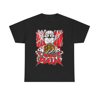 A black t-shirt with an illustration by Glow Bat Alternative Fashion of Pinhead from the Hellraiser horror movie franchise holding the lament configuration above the words "embrace pain"