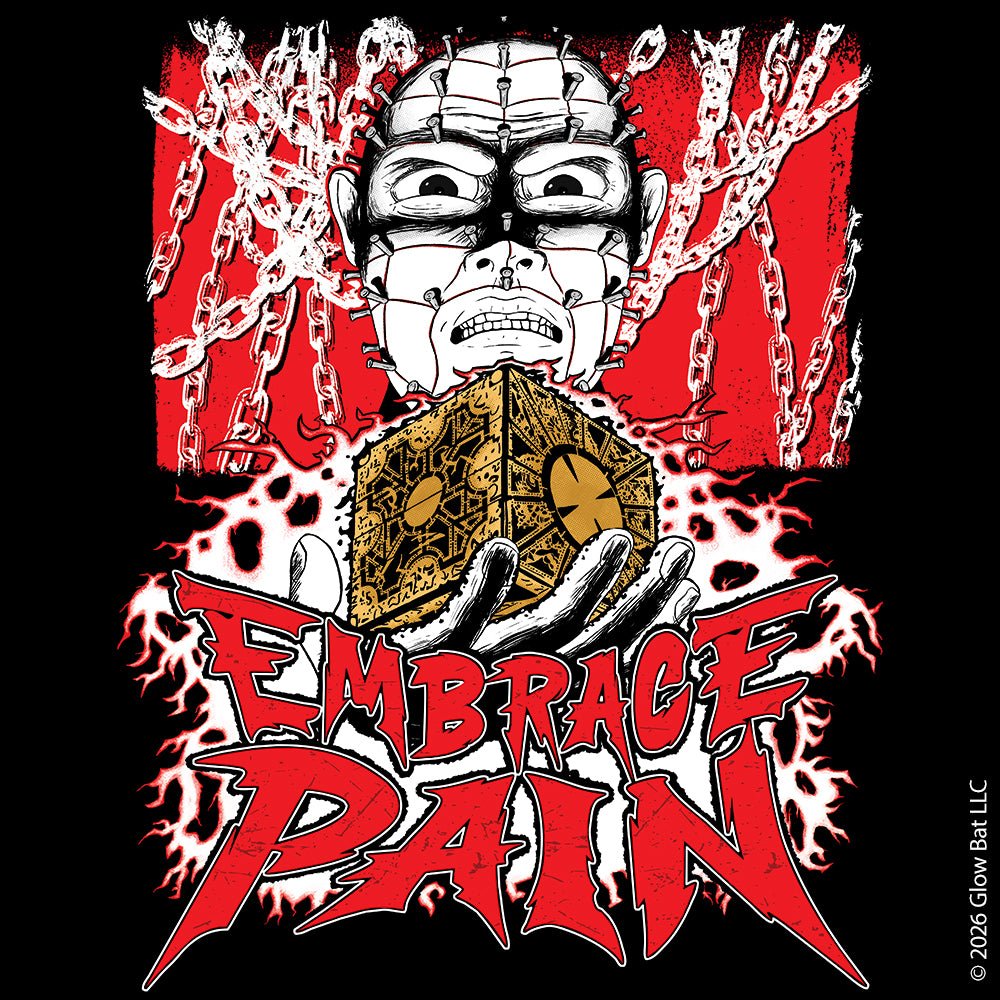 An illustration by Glow Bat Alternative Fashion of Pinhead from the Hellraiser horror movie franchise holding the lament configuration above the words "embrace pain"