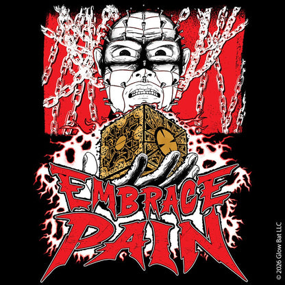 An illustration by Glow Bat Alternative Fashion of Pinhead from the Hellraiser horror movie franchise holding the lament configuration above the words "embrace pain"