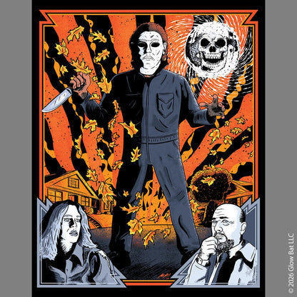 An original illustration from Glow Bat Horror Designs and shows Michael Myers, Laurie Strode (Jamie Lee Curtis) and Dr. Loomis (Donald Pleasance) from the 1978 horror film Halloween on a autumn street with a skull moon and fall leaves