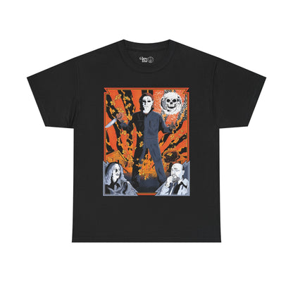 A black t-shirt on a white background with an original illustration from Glow Bat Alternative Fashion and shows Michael Myers, Laurie Strode (Jamie Lee Curtis) and Dr. Loomis (Donald Pleasance) from the 1978 horror film Halloween on a autumn street with a skull moon and fall leaves