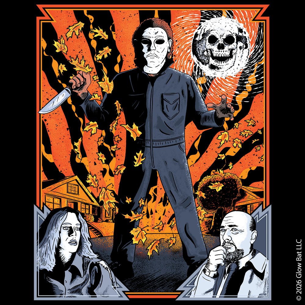 An original illustration from Glow Bat Alternative Fashion and shows Michael Myers, Laurie Strode (Jamie Lee Curtis) and Dr. Loomis (Donald Pleasance) from the 1978 horror film Halloween on a autumn street with a skull moon and fall leaves