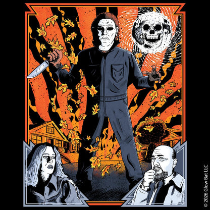 An original illustration from Glow Bat Alternative Fashion and shows Michael Myers, Laurie Strode (Jamie Lee Curtis) and Dr. Loomis (Donald Pleasance) from the 1978 horror film Halloween on a autumn street with a skull moon and fall leaves