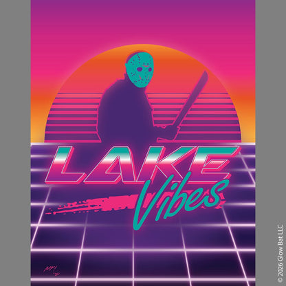 An orange sunset and Jason Vorhees in front of it in silhouette and the words "Lake Vibes" underneath in a retro 80s style on pink/orange/purple gradated background with lines by Glow Bat Horror Designs