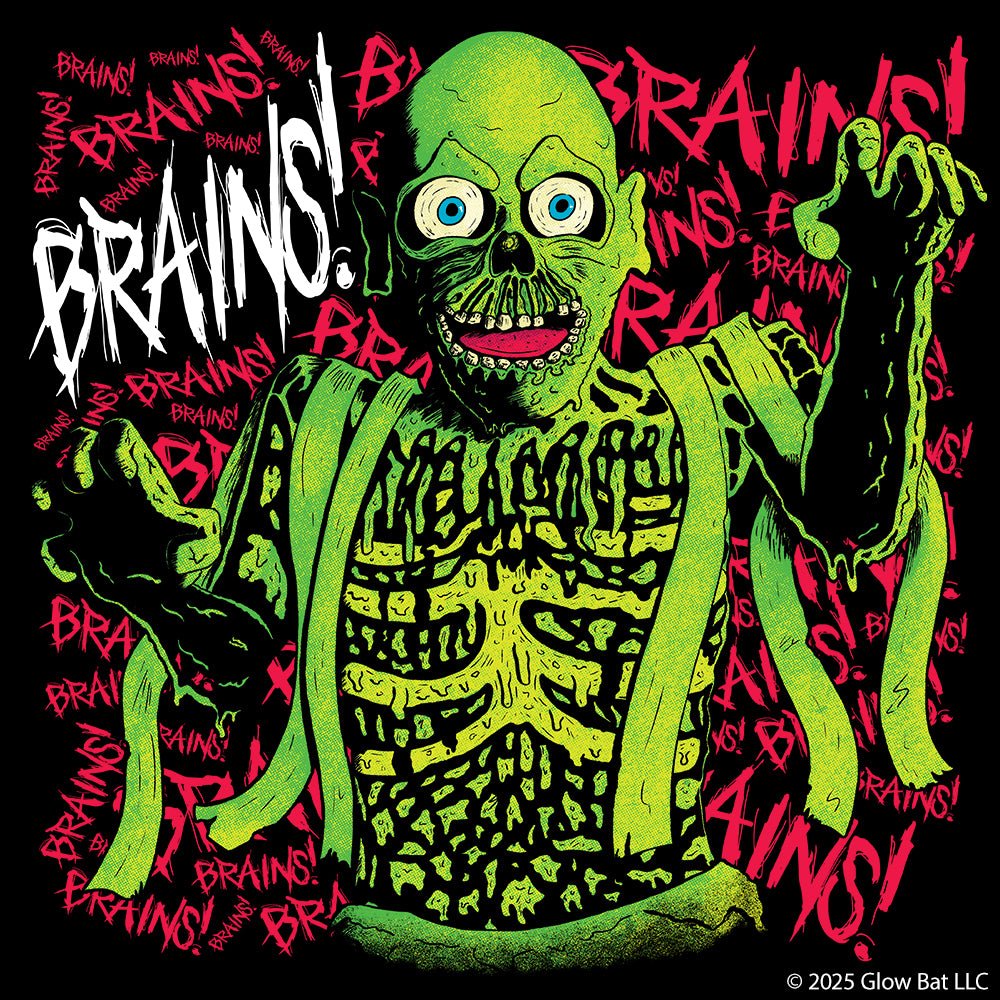 An original illustration of the Tarman Zombie from Return of the Living Dead in green with the word "Brains" scrawled behind it in pink by Glow Bat Alternative Fashion.