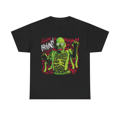 A black t-shirt featuring the Return of the Zombie design Glow Bat Alternative fashion. The design is an original illustration of the Tarman Zombie from Return of the Living Dead in green with the word "Brains" scrawled behind it in pink.