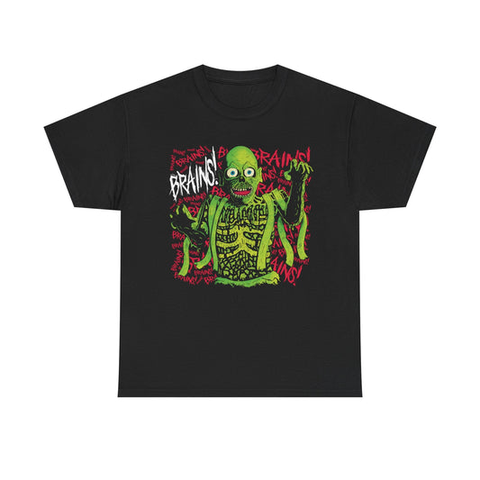A black t-shirt featuring the Return of the Zombie design Glow Bat Alternative fashion. The design is an original illustration of the Tarman Zombie from Return of the Living Dead in green with the word "Brains" scrawled behind it in pink.