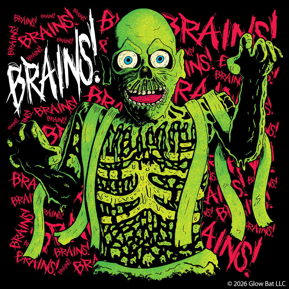 An original illustration of the Tarman Zombie from Return of the Living Dead in green with the word "Brains" scrawled behind it in pink by Glow Bat Alternative Fashion.