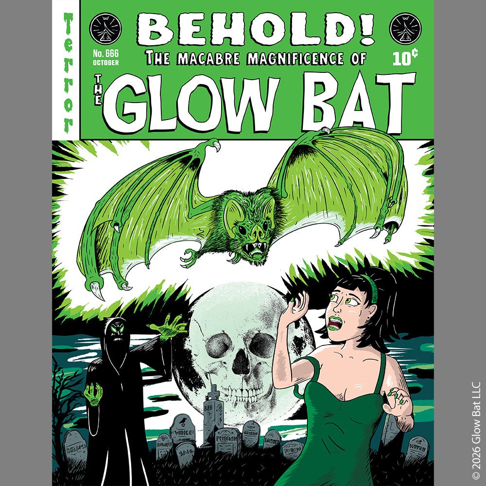An original green, white, and black illustration by Glow Bat Horror Designs of a dark figure summoning a large green bat towards an attractive dark-haired woman in a green dress. They are in a cemetery with a full moon with a skull in it. It is designed to look like an old horror comic like Tales From the Crypt.