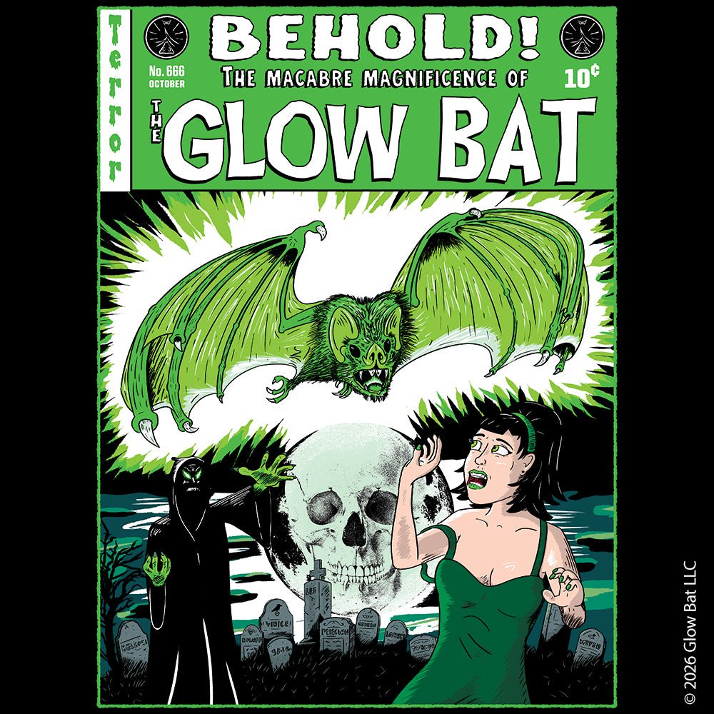 An original green, white, and black illustration by Glow Bat Alternative Fashion of a dark figure summoning a large green bat towards an attractive dark-haired woman in a green dress. They are in a cemetery with a full moon with a skull in it. It is designed to look like an old horror comic like Tales From the Crypt.