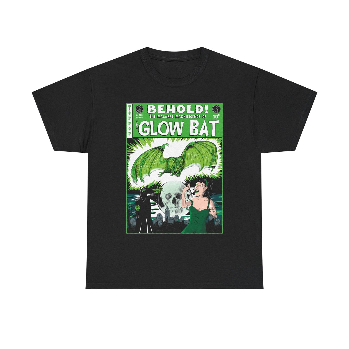 A black t-shirt on a white background featuring an original green, white, and black illustration by Glow Bat Alternative Fashion of a dark figure summoning a large green bat towards an attractive dark-haired woman in a green dress. They are in a cemetery with a full moon with a skull in it. It is designed to look like an old horror comic like Tales From the Crypt.