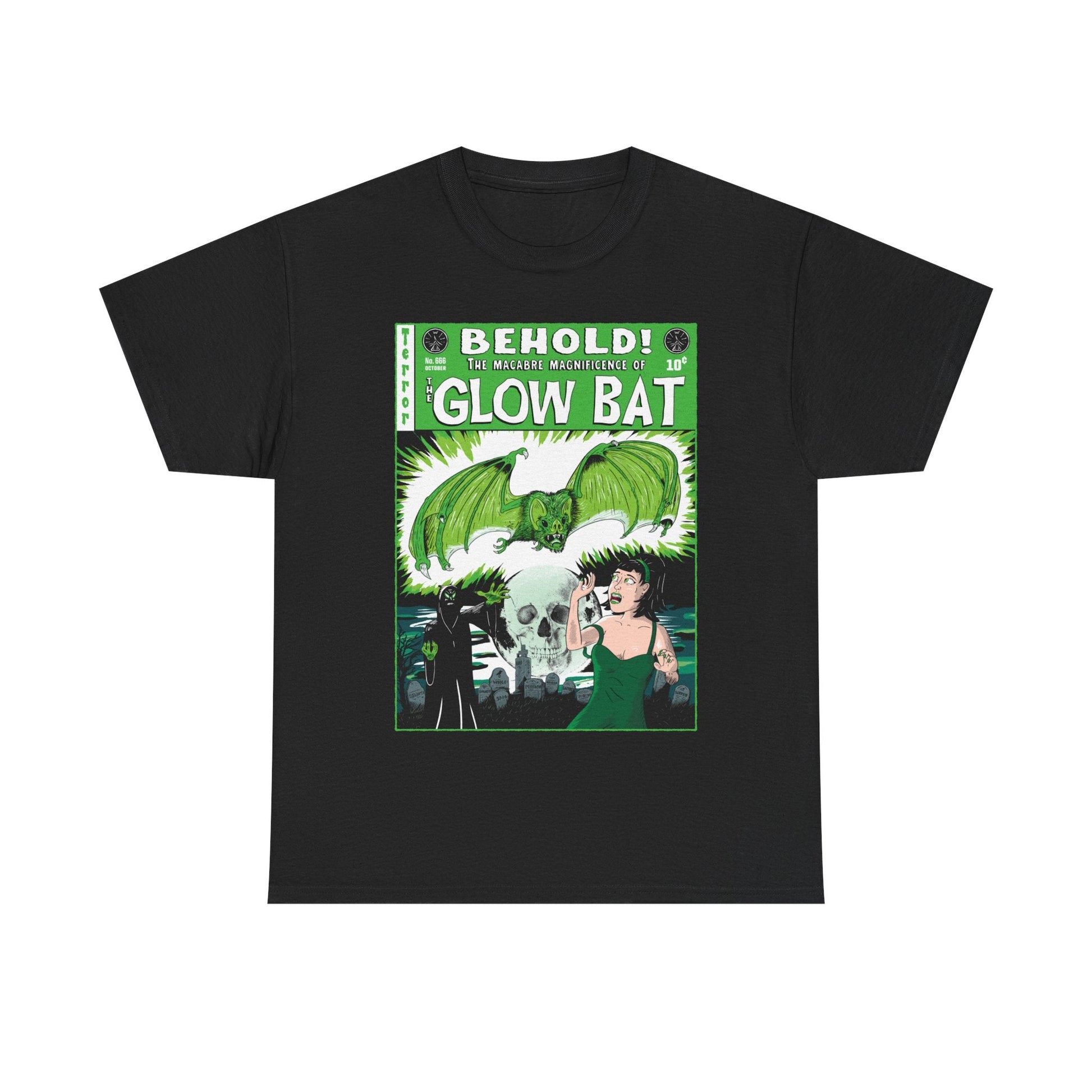 A black t-shirt on a white background featuring an original green, white, and black illustration by Glow Bat Alternative Fashion of a dark figure summoning a large green bat towards an attractive dark-haired woman in a green dress. They are in a cemetery with a full moon with a skull in it. It is designed to look like an old horror comic like Tales From the Crypt.